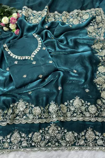 Embroidered Soft Space Silk Green Color Saree With Blouse Set For Women's
