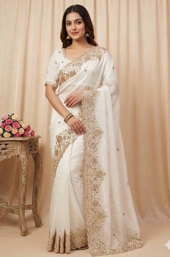Embroidered Soft Space Silk White Color Saree With Blouse Set For Women's