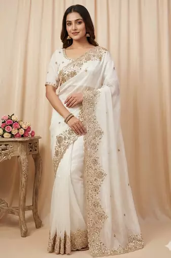 Embroidered Soft Space Silk White Color Saree With Blouse Set For Women's
