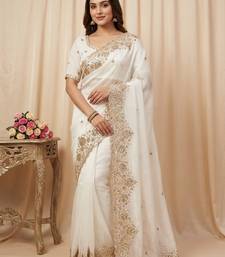 Embroidered Soft Space Silk White Color Saree With Blouse Set For Women's