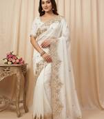Embroidered Soft Space Silk White Color Saree With Blouse Set For Women's
