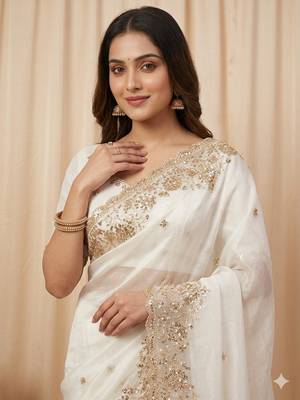 Embroidered Soft Space Silk White Color Saree With Blouse Set For Women's 2