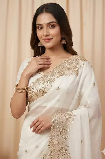 Embroidered Soft Space Silk White Color Saree With Blouse Set For Women's