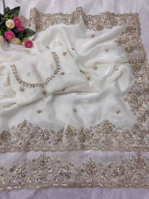 Embroidered Soft Space Silk White Color Saree With Blouse Set For Women's 3