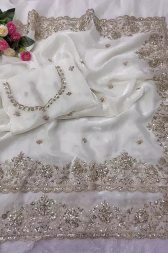 Embroidered Soft Space Silk White Color Saree With Blouse Set For Women's