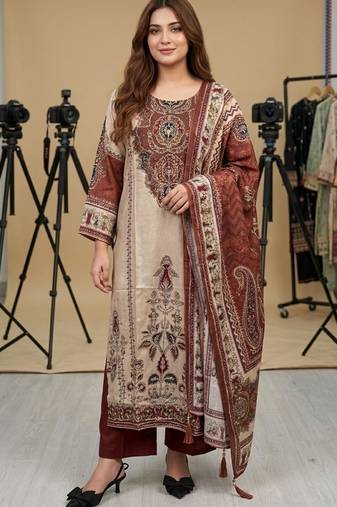 Beige silk blend printed kurta set