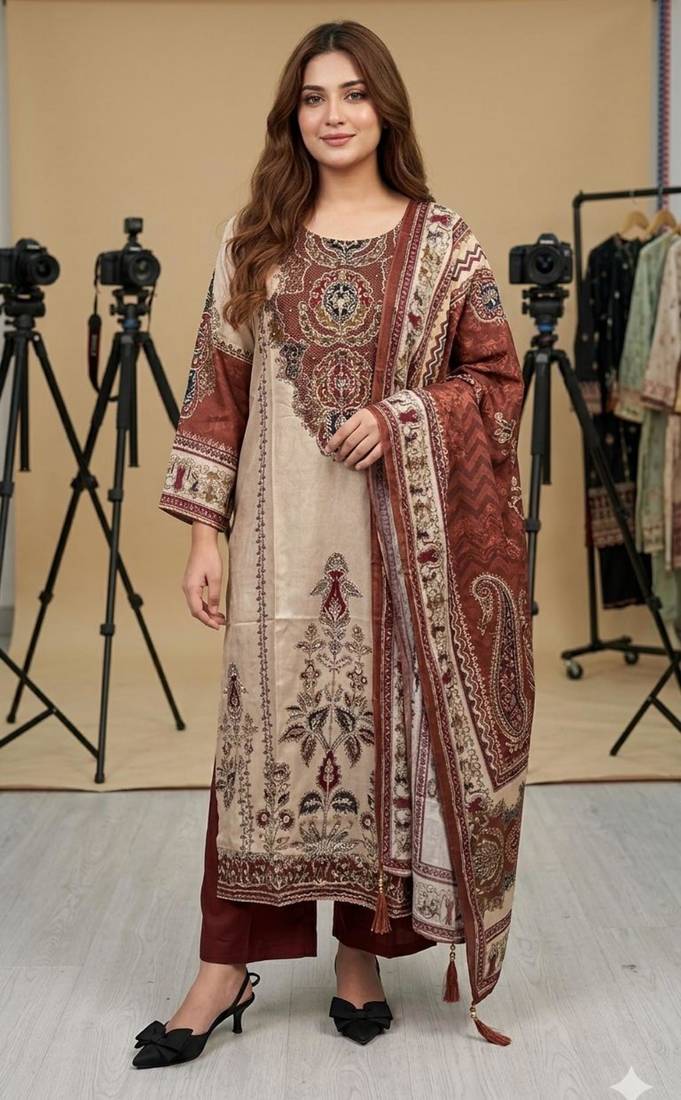Beige silk blend printed kurta set