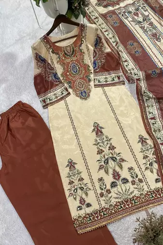 Beige silk blend printed kurta set