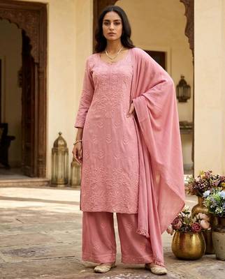 Pink rayon embroidered kurta set 1