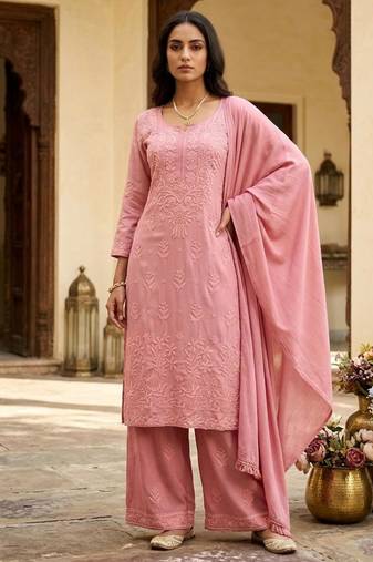 Pink rayon embroidered kurta set