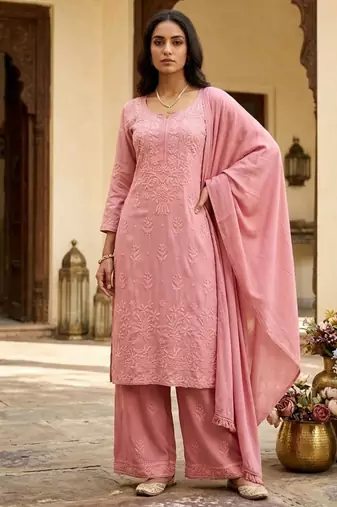 Pink rayon embroidered kurta set