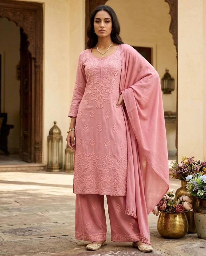 Pink rayon embroidered kurta set