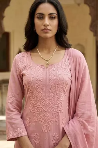 Pink rayon embroidered kurta set