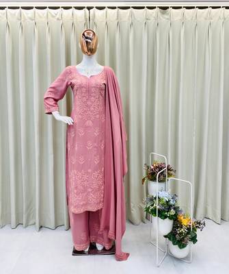 Pink rayon embroidered kurta set 3