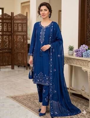 Blue silk blend embroidered farshi salwar kameez set 1