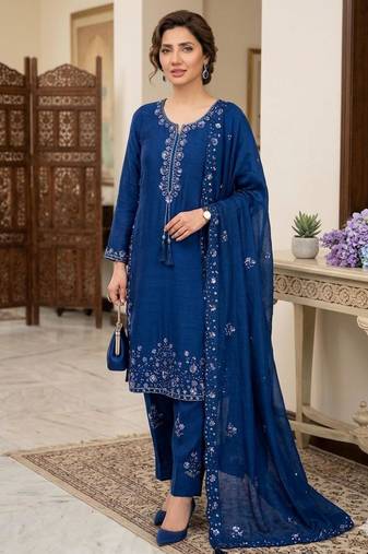 Blue silk blend embroidered farshi salwar kameez set