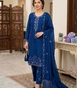 Blue silk blend embroidered farshi salwar kameez set