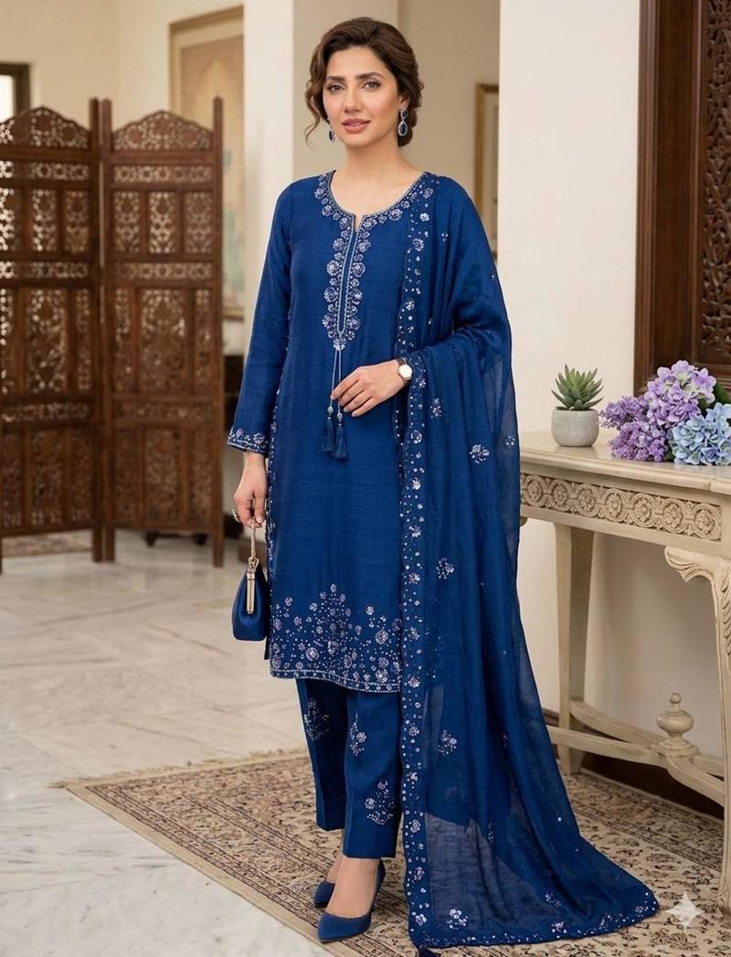 Blue silk blend embroidered farshi salwar kameez set
