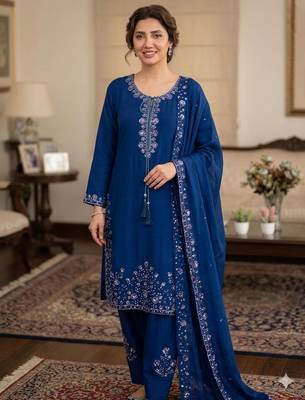 Blue silk blend embroidered farshi salwar kameez set 2