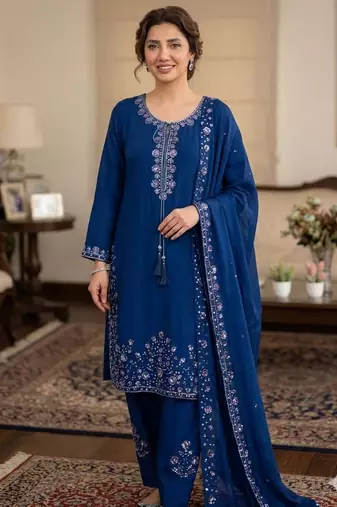 Blue silk blend embroidered farshi salwar kameez set