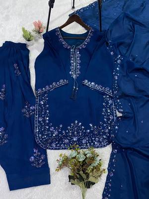 Blue silk blend embroidered farshi salwar kameez set 3