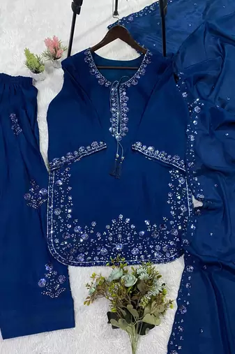 Blue silk blend embroidered farshi salwar kameez set