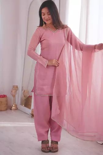 Pink silk blend plain farshi salwaar set