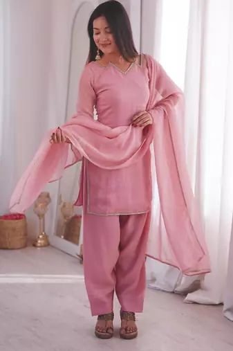 Pink silk blend plain farshi salwaar set