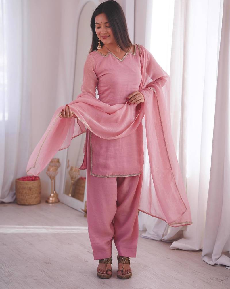 Pink silk blend plain farshi salwaar set