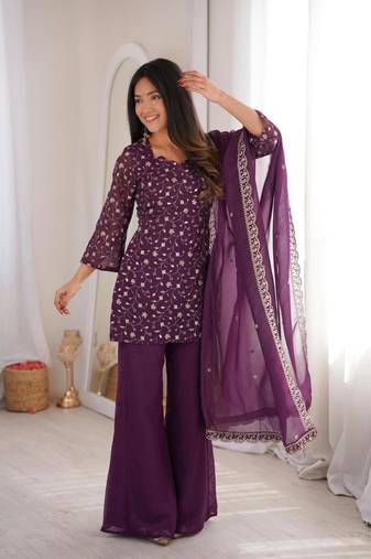 Purple silk blend embroidered salwaar set