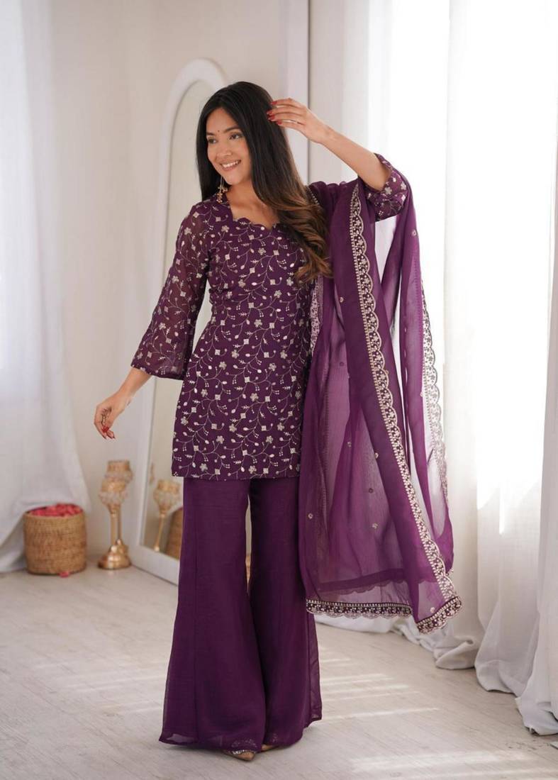Purple silk blend embroidered salwaar set