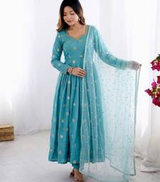 Blue silk blend embroidered gown set