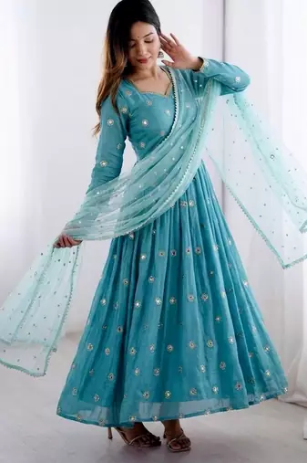 Blue silk blend embroidered gown set