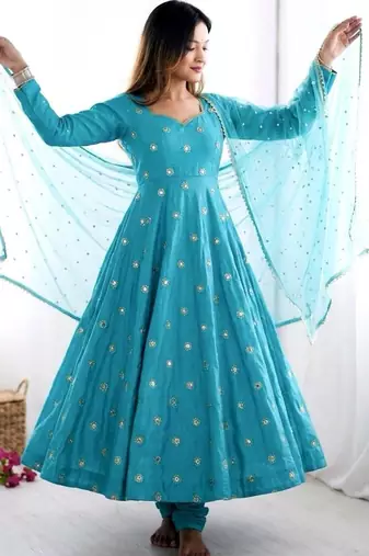 Blue silk blend embroidered gown set