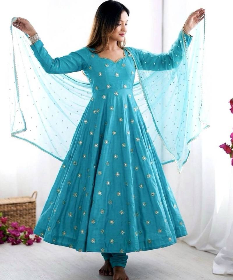 Blue silk blend embroidered gown set