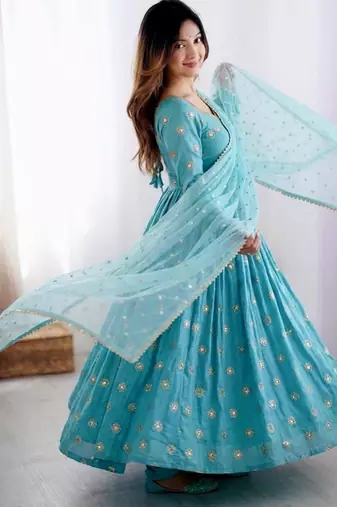 Blue silk blend embroidered gown set