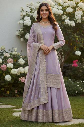 Lavender silk blend embroidered lehenga set