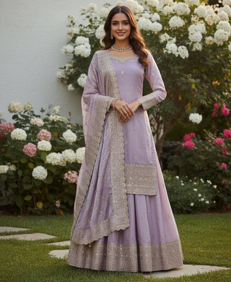 Lavender silk blend embroidered lehenga set