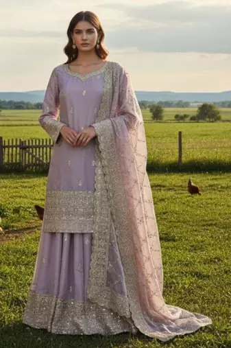 lavender silk blend embroidered sharara set