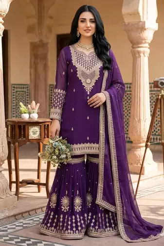 Purple georgette embroidered sharara set