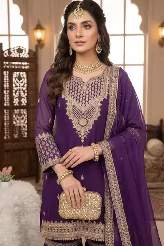 Purple georgette embroidered sharara set