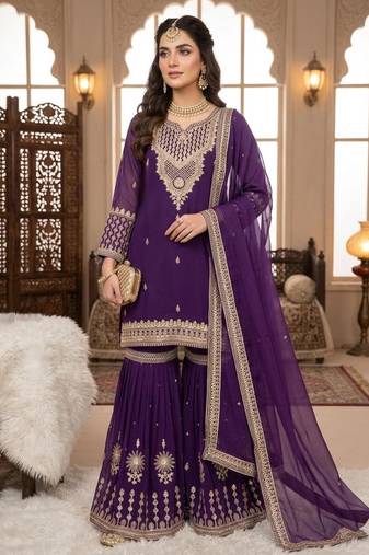 Purple georgette embroidered sharara set