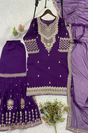 Purple georgette embroidered sharara set