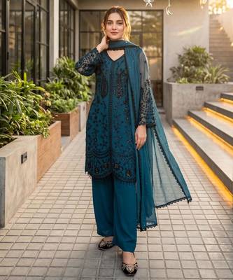 Dark blue faux georgette sequins palazzo set 1