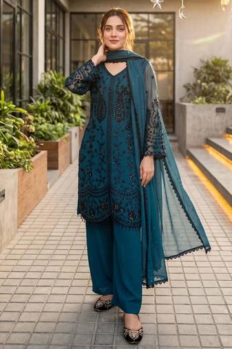 Dark blue faux georgette sequins palazzo set