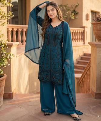 Dark blue faux georgette sequins palazzo set 2
