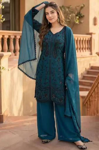 Dark blue faux georgette sequins palazzo set