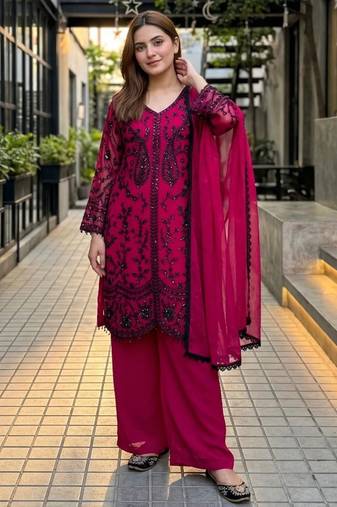 Dark pink faux georgette sequins palazzo set
