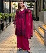 Dark pink faux georgette sequins palazzo set