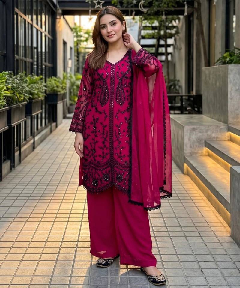 Dark pink faux georgette sequins palazzo set